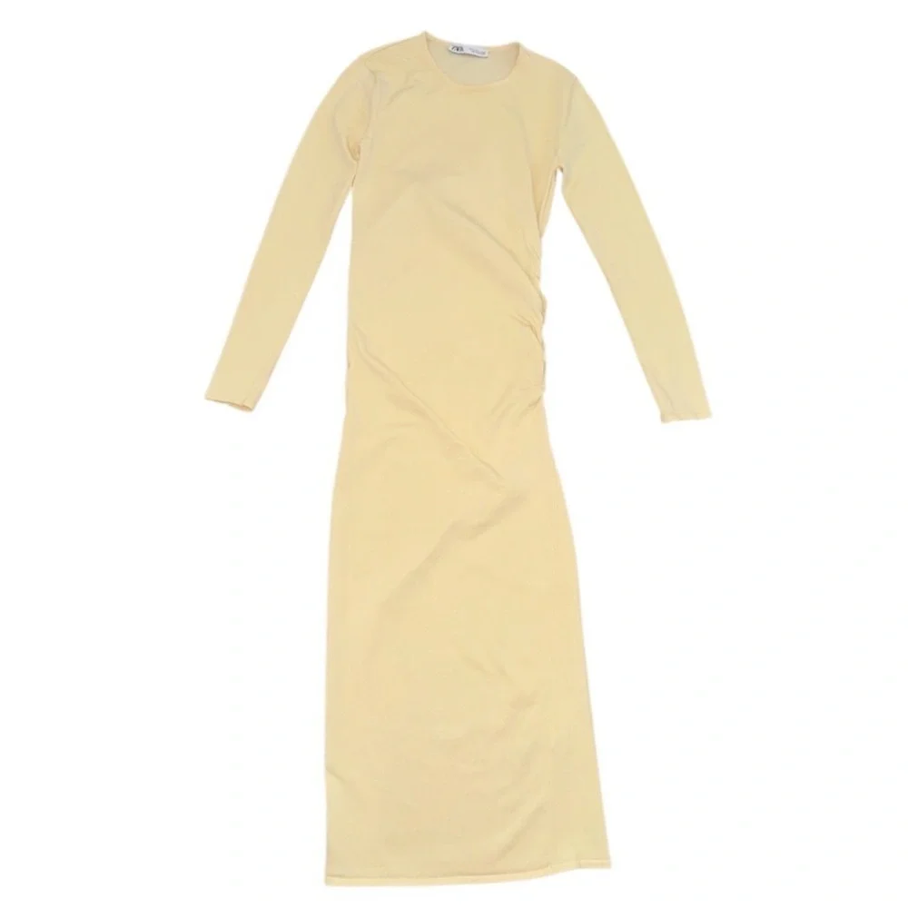 Zara Long-Sleeve Draped Knit Bodycon Minimalist Midi Dress, Beige Cream, Size‎ S - Picture 9 of 12